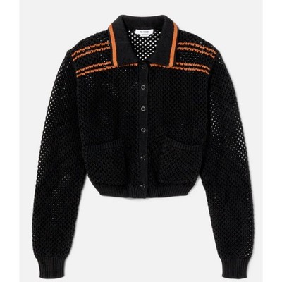 RE/DONE Black Crochet Mesh Polo Cardigan Women s Size L