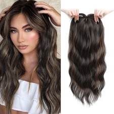 Dark Brown Highlights Side Bangs Long Wavy 20in Women Premium Hair Topper