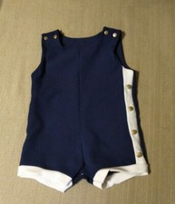 vintage 60s polyester navy blue and white/ gold buttons one piece baby romper