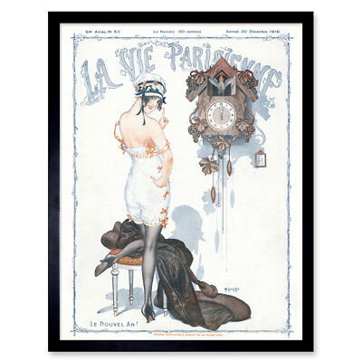 La Vie Parisienne Neujahr Kuckucksuhr Magazin Cover gerahmter Wandkunstdruck 9 x 7