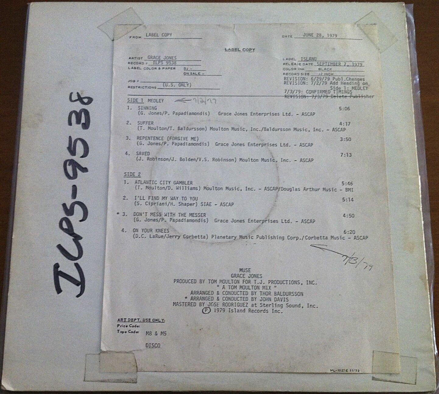 GRACE JONES Muse RARE 1979 USA TEST PRESSING LP DJ PROMO VINYL W/ INFO CUE SHEET