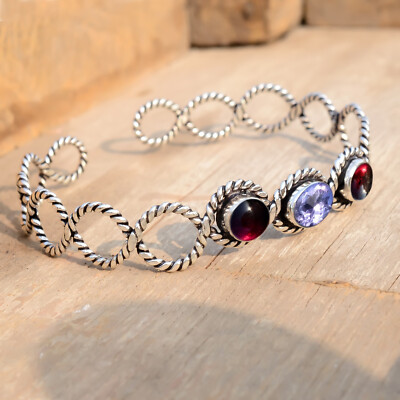 Amethyst Cut & Red Garnet 925 Sterling Silver Bracelet Christmas Day Jewelry