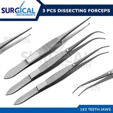 3 Pcs Iris Forceps 4" 1 x 2 Teeth Surgical Veterinary Instruments German Grade