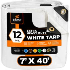 Heavy Duty White Tarp 7' x 40' Protective Cover, 12 Mil thick, Poly Tarpaulin