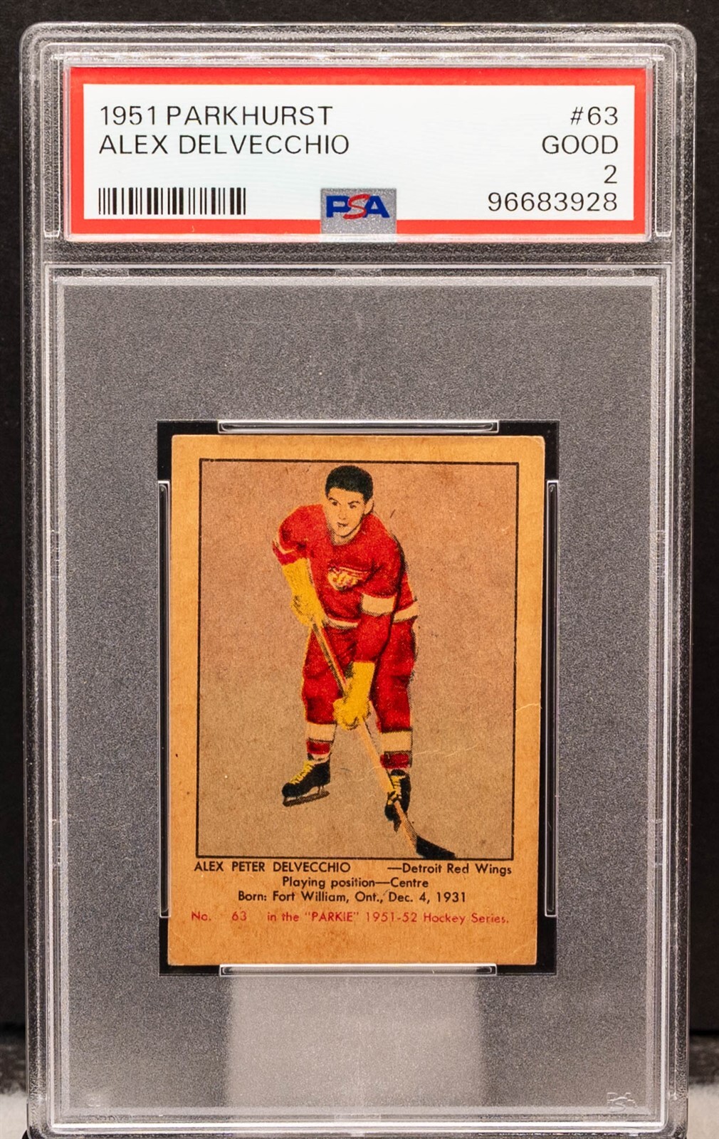 96683928 Alex Delvecchio 1951-52 Parkhurst RC Rookie 63 Red Wings PSA 2