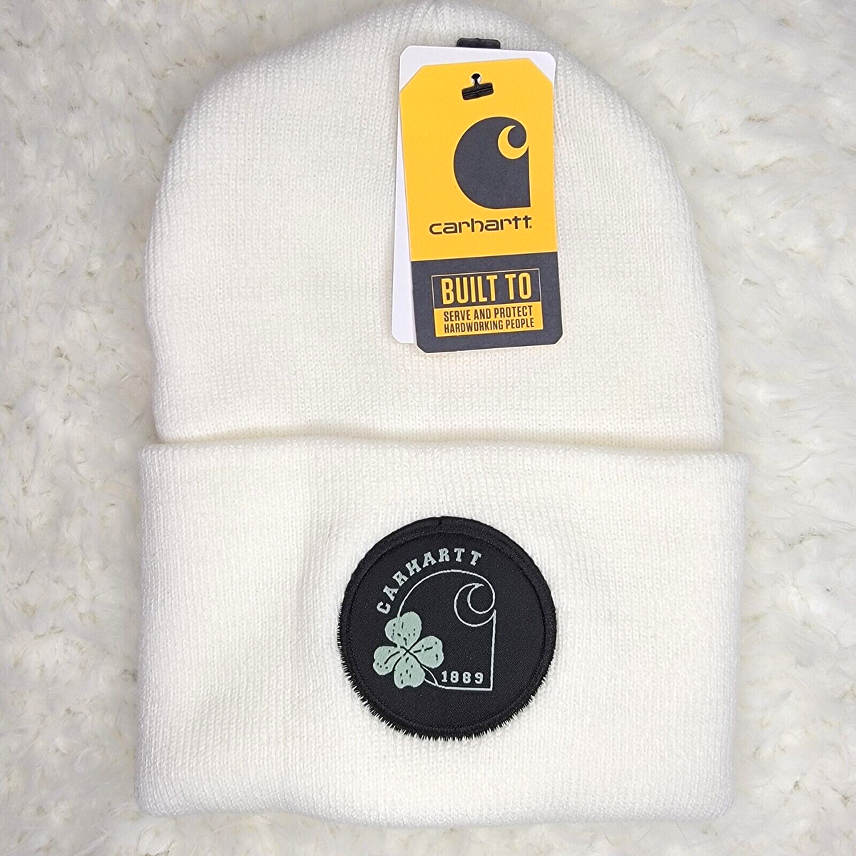 CARHARTT KNIT SHAMROCK PATCH Mens BEANIE WHITE Cuffed Clover  display picture 2