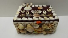 VINTAGE SHELL DECORATED FOLK ART OWLS CASE JEWELLERY BOX