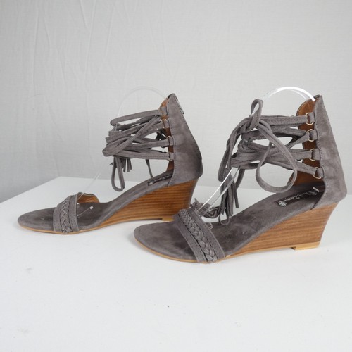 Bohemian Sandals Wedged Wooden Heel Taupe Grey Strappy Gladiator HOT LAVA UK 6 - Picture 6 of 23