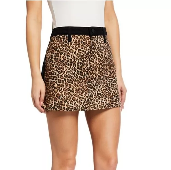Brown leopard print denim mini skirt cheap