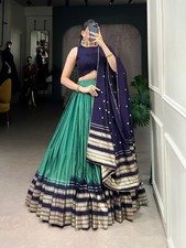 Traditional Wear Pure Chanderi Lehenga Choli With Blue Dupatta For Women/Girls