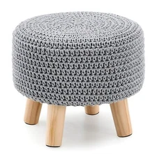 Round Ottoman Foot Stool Cotton Knitted Pouf Ottoman Foot Rest Stool with Non...