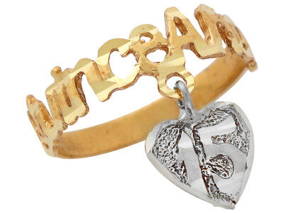 10k oder 14k bicolor Gold Quitte Anos Geburtstag Ring mit baumelndem Herz Charm