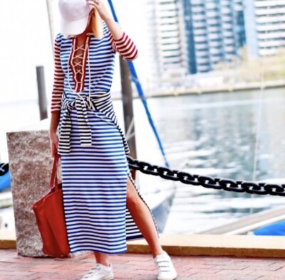 J. Crew Size Small Maxi Dress Nautical Striped Blue Red Rope Side Slit  V-nexk | eBay