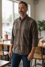 Roundtree  Yorke Portuguese Flannel Shirt Mens Plaid Button Up Green