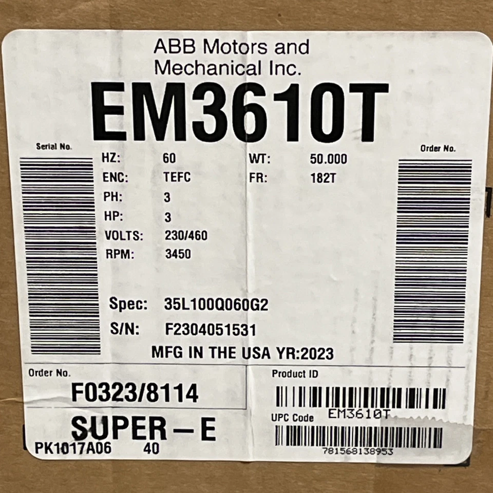 Baldor EM3610T Motor 182T 3hp 3450rpm 230/460v-AC 3ph | NEW | USA Seller - Image 2 of 4