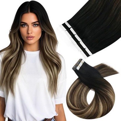 Tape Extensions Echthaar 10 Stück 25G/Paket, #1B/3/27 Schwarz bis Dunkelbraun...