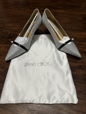 Jimmy Choo Silver Black Glitter Pointed Toe Stiletto Pumps with Pearl Accent