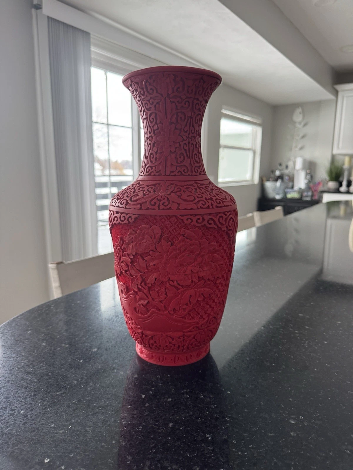 Large Chinese Red Cinnabar Style Floral Carved Vase 14.5” Asian Decor Statement