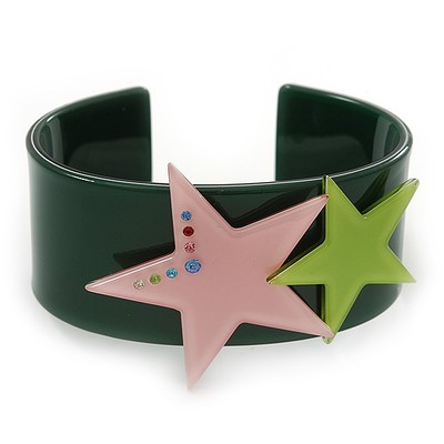Dunkelgrünes Acryl Armreif Armband mit Kristall Doppel Stern Motiv (rosa, hell