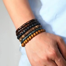 6PCS Wodeen Braided Wrap Leather Bracelet for Men Vintage Life Wood Beads Fashio
