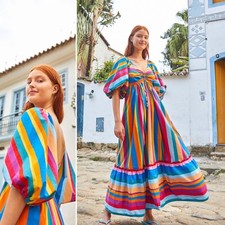 NWT Farm Rio Rainbow Striped Scarf Ruffled Puff Sleeve V-Neck Maxi Dress XS
