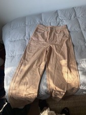 High-Waisted Wide Leg Contrast Stitch Trousers in Tan