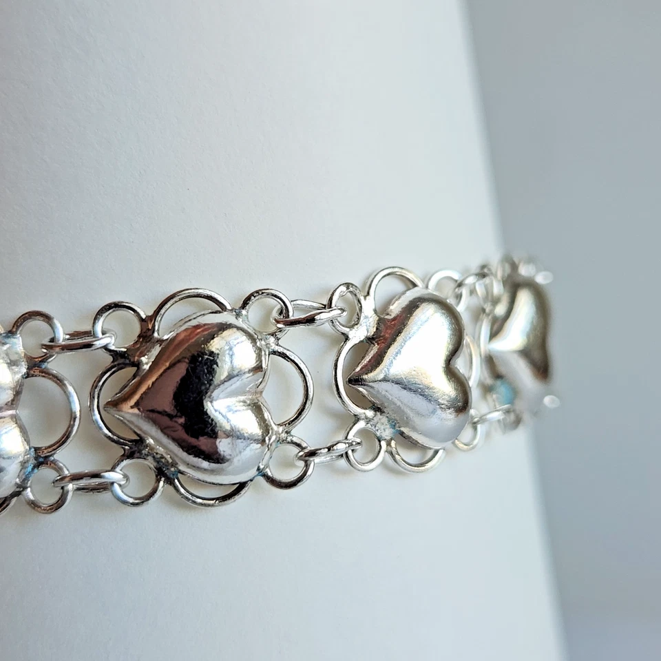 Sterling Silver Puffed Heart & Filigree Tennis Bracelet 7.25" 8.7g Vintage Boma - Image 2 of 4
