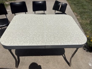 Mid Century 5-Piece Dining Set, Rectangular Table with Leaf & Black Vinyl Chairs