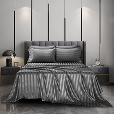 4 Piece Queen Size Satin Bed Sheet Set Stripes Italian Style Deep Pocket Solid C