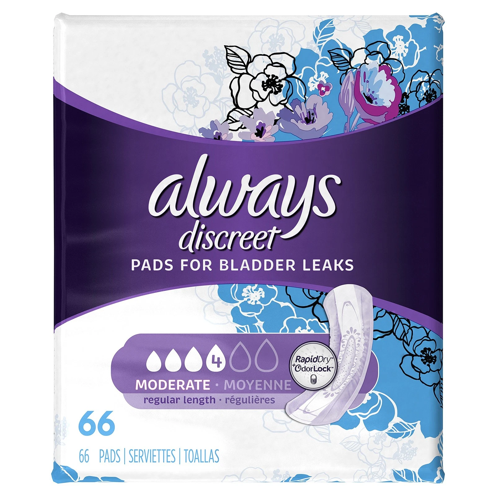 Incontinence Pads for , Moderate Absorbency, 66 Count