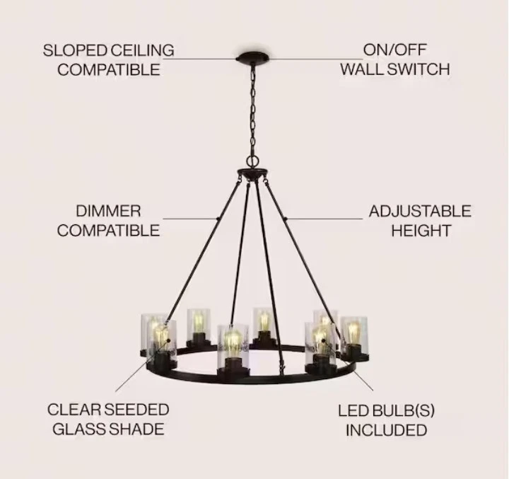 Lámpara de araña de cocina LED de 8 luces regulable de vidrio sembrado de hierro forjado de 33" Foto 4 de 4