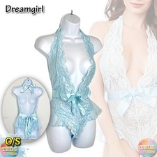 Dreamgirl One Size Halter Neckline Lace Teddy Bodysuit 10583, Light Blue