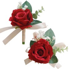 MAFELOE Wrist Corsage and Boutonniere Set Artificial Rose Flowers Red