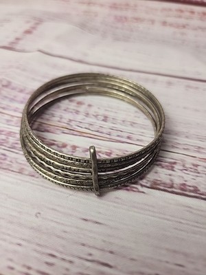 Vtg costume  BRACELET 6 Silver Tone METAL Bangles Banded Together Boho Simple 
