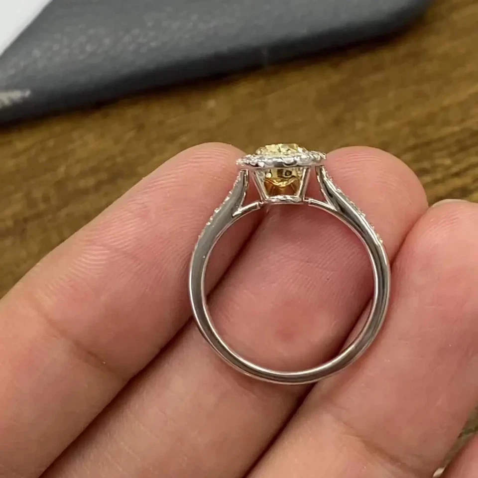 Oval Cut Fancy Vivid Yellow Lab Grown/CVD Diamond Halo Ring 14k White Gold - image 4 of 4