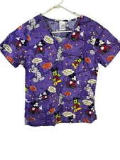 Disney Trick or Treat Happy Halloween Purple Scrub Top V-Neck Small
