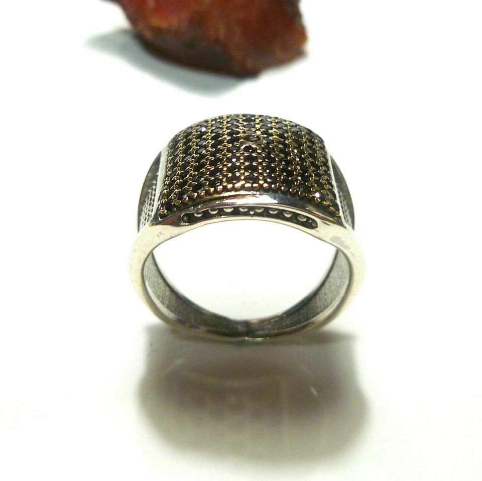 58 (18,4 MM Ø ) 925 Argento Sterling Anello Con Goldplatte Onice Ricoperto - Immagine 3 di 4