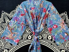 Indian Kimono Night Wear Gown Bird Printed Dark Gray Cotton Maxi Gown Kimonos US