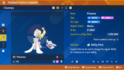 Shiny Primarina 6IV Liquid Voice Pokemon Scarlet & Violet | Fast Delivery