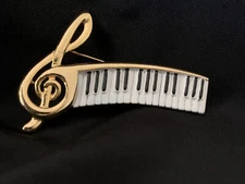 Vintage Piano Keys and Treble Clef Brooch Pin Enamel & Gold Tone by AJC 1 1/4" 