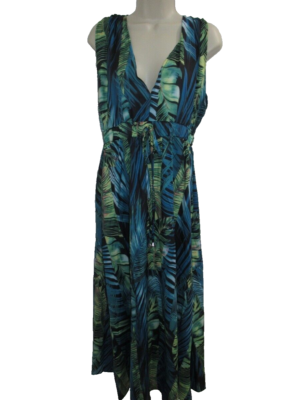 NXH Blue Green Leaf Design Maxi Sleeveless V-neck Dress Size M New | eBay