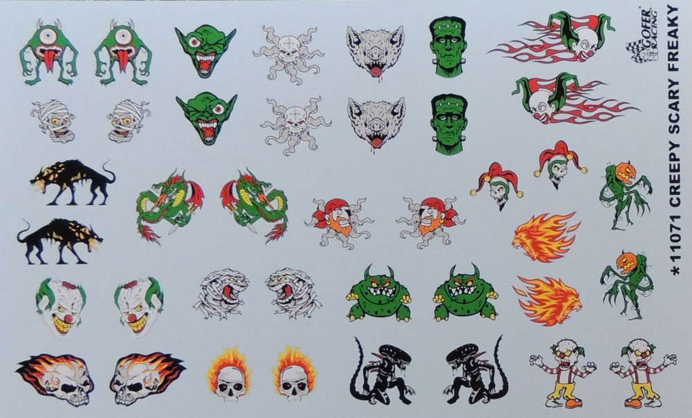 GOFER RACING CREEPY, SCARY WATER SLIDE DECALS FOR 1:24 & 1:25 SCALE MODEL CARS