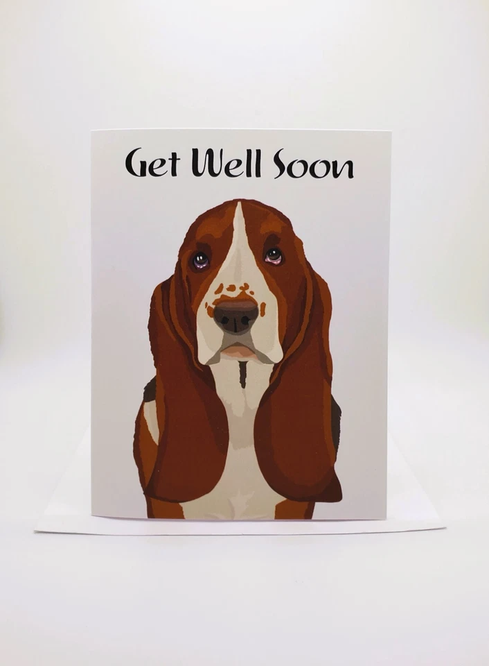 Basset Hound Dog Hand-Drawn Get Well Soon Greeting Card with Envelope - Image 2 of 4