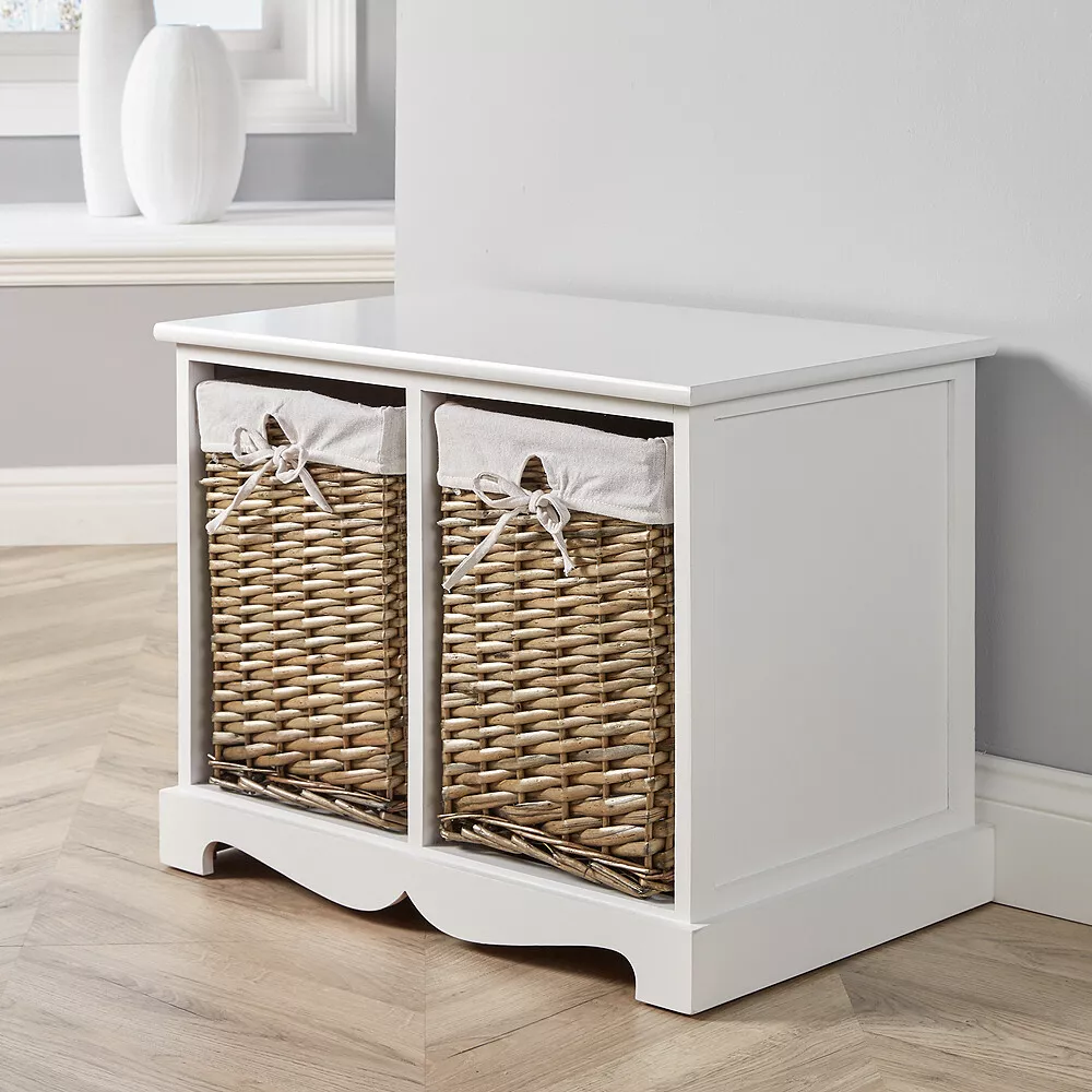 White Wooden Chest of Drawers Storage Unit Willow Wicker Baskets Organisers