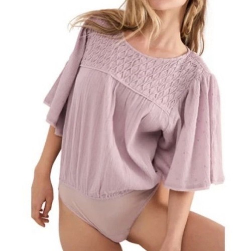 Free People Body Lavendel gesmokt bestickt Gr. L Boho Flatterärmel - Bild 2 von 15