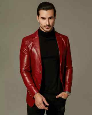 Men Dark Red Leather Blazer 100% Pure Lambskin 2 Button Custom Made Coat Blazer