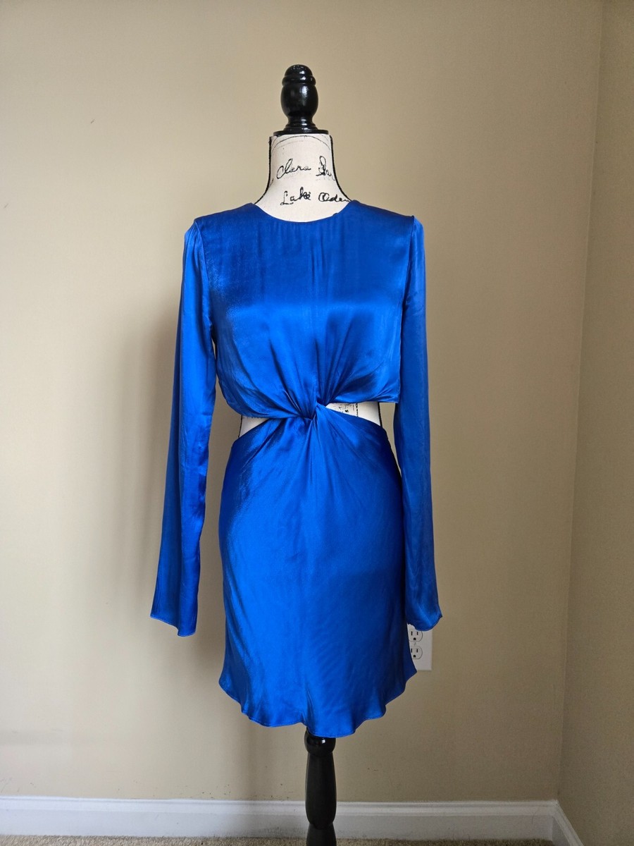 Shona Joy twist front mini dress womens 4 strop blue satin long sleeve |  eBay