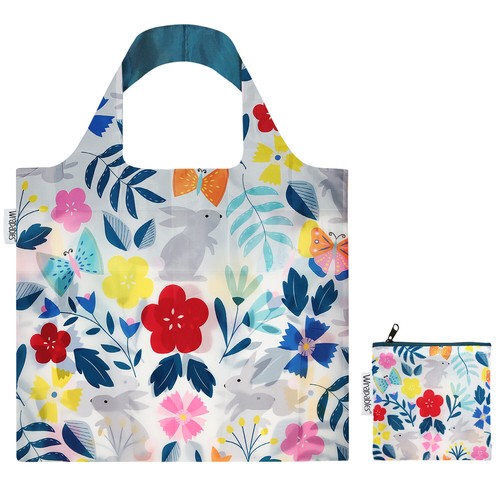 Wrapables Large Reusable Shopping Tote Bag with Outer Pouch, Floral Rabbits - Picture 7 of 9