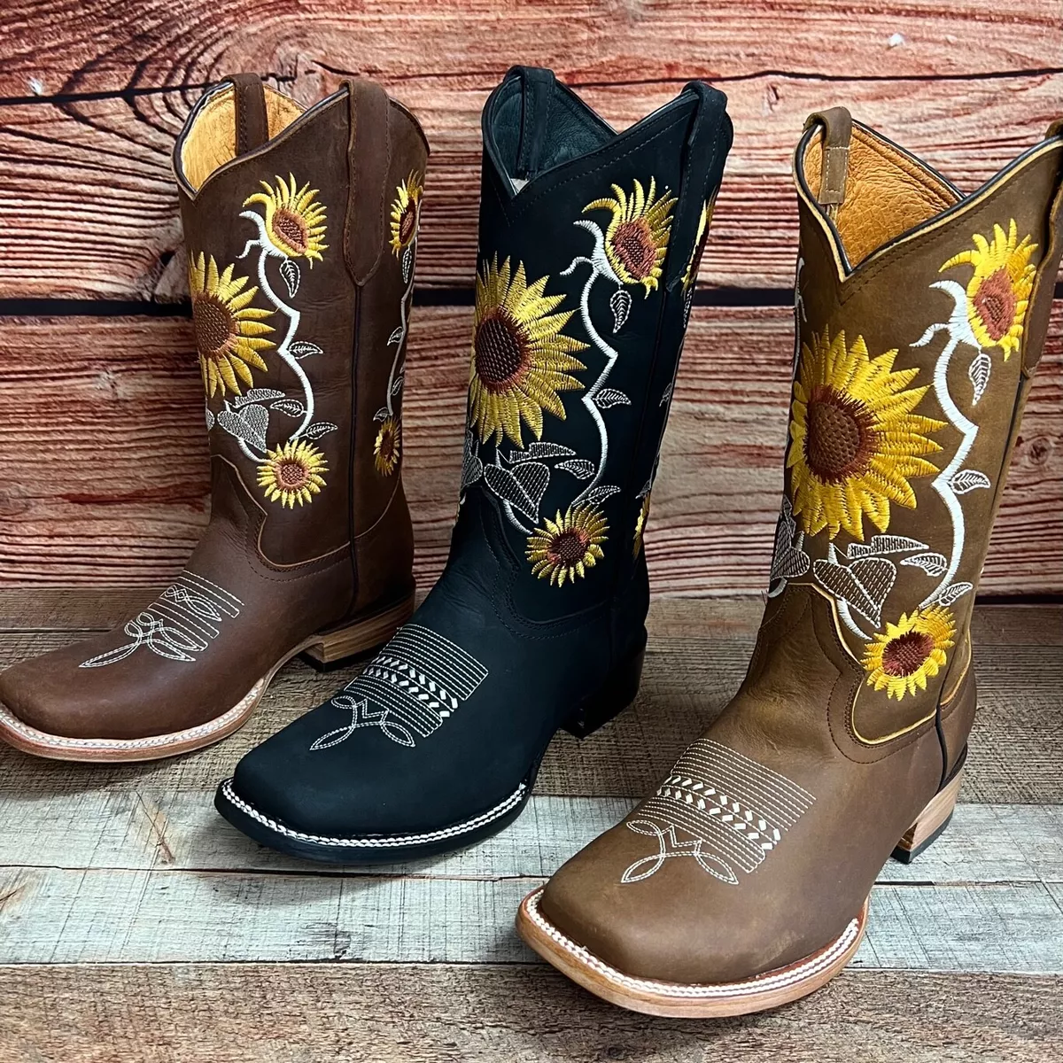 Women Western Cowgirl Square Toe Boot Sunflower embroidered Bota Bordada Girasol