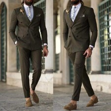 Men Green Striped Suit Double Breasted Peak Lapel Tuxedo Custom Party Elegant